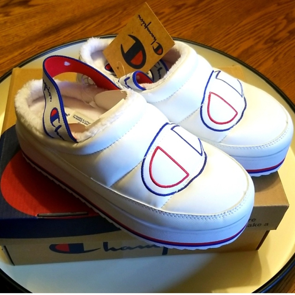 Champion White Mules with Red and Blue Accents NWT